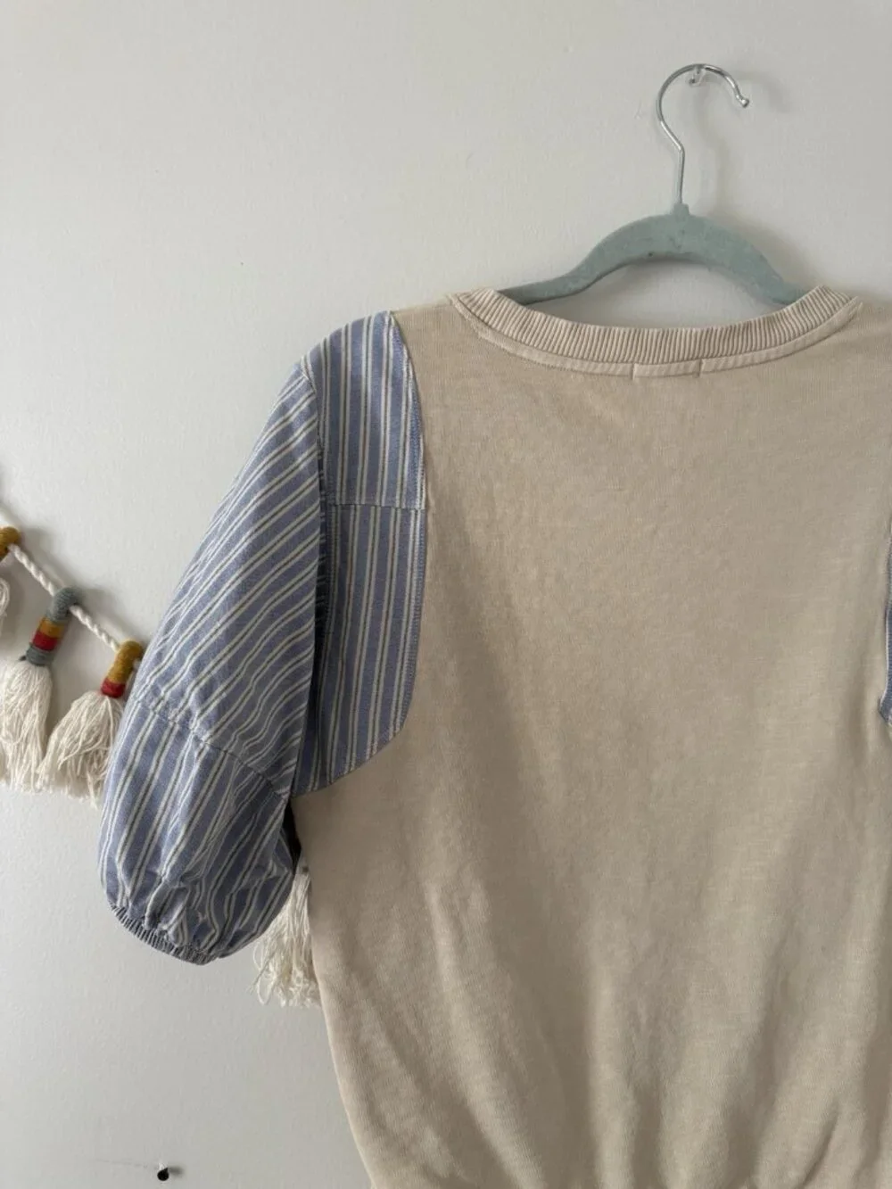 Anthropologie Pilcro Woven Stripe Puff Sleeve Cream Top Basics Coquette Coastal